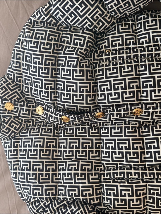 Balmain Jackets & Blazers - Balmain Black and White Geometric Logo Puffer Bomber Jacket with Gold Buttons